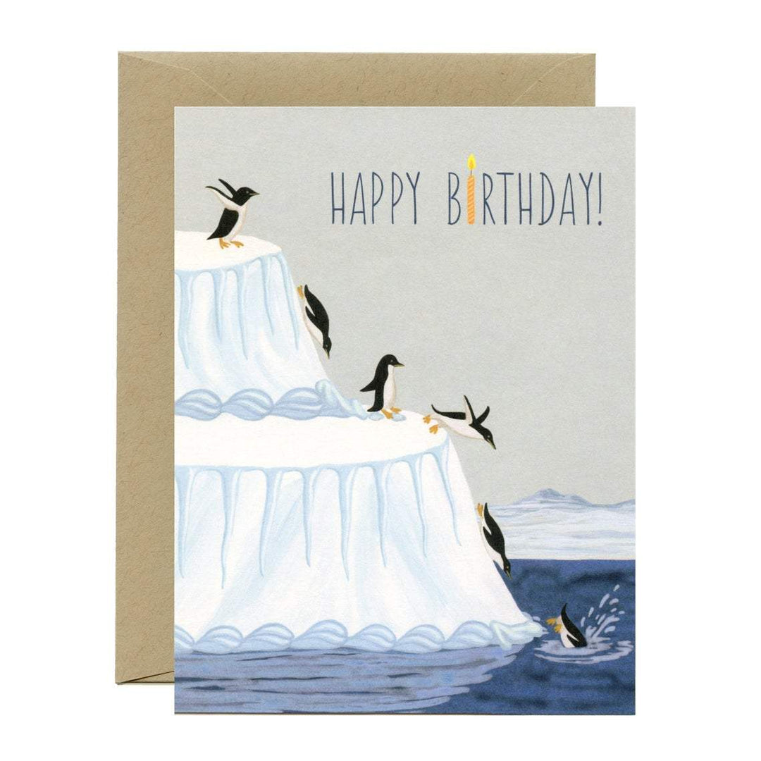 Penguin Sliding Down Cake Birthday Card